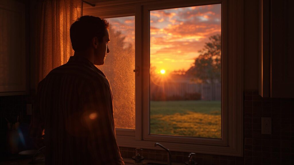 A man stands indoors by a window, looking out at a vibrant orange and yellow sunset over a grassy yard and trees, with warm sunlight streaming into the room.