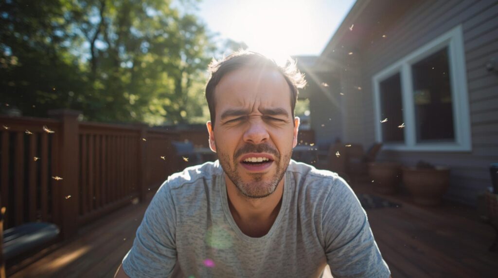 A man squints outdoors in bright sunlight on a wooden deck, with small insects flying around his face and a house in the background.