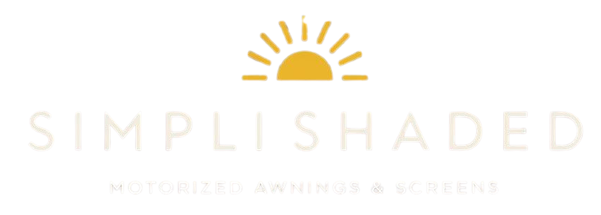 A logo for Simpli Shaded featuring a stylized yellow sun above the words SIMPLI SHADED and MOTORIZED AWNINGS & SCREENS in light, minimalist text.