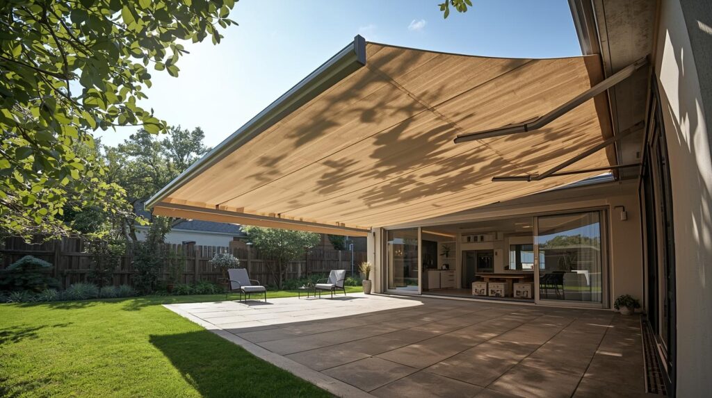 A spacious backyard patio with a large retractable tan awning, two lounge chairs, and sliding glass doors leading to the homes modern interior. The area is surrounded by a grass lawn, trees, and a wooden fence.