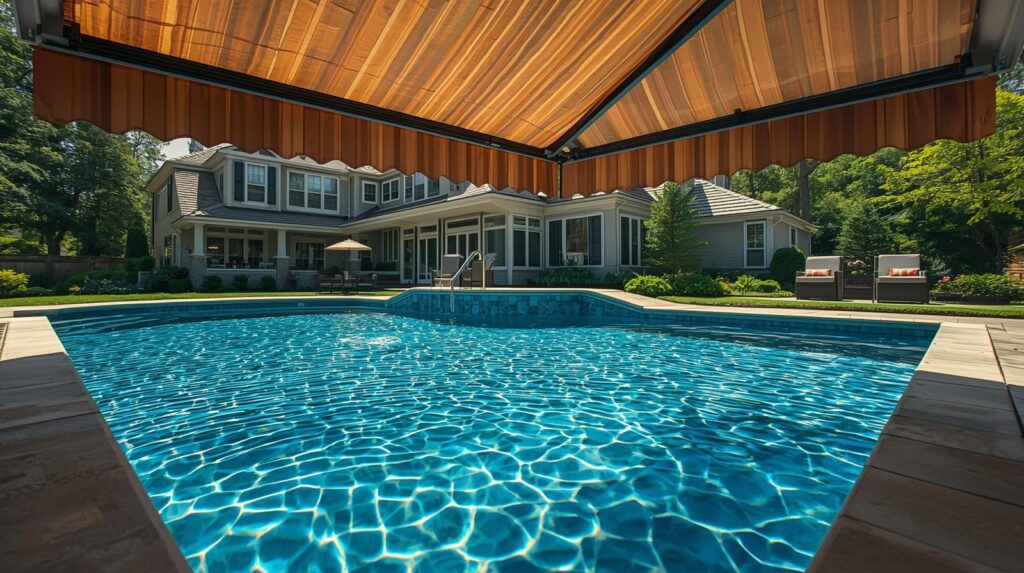 A backyard swimming pool with clear blue water is seen under a striped awning, with a large house, patio furniture, and greenery in the background on a sunny day.