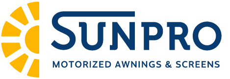 Sunpro logo featuring a stylized yellow sun on the left and the word SUNPRO in bold blue letters. Below, blue text reads MOTORIZED AWNINGS & SCREENS.