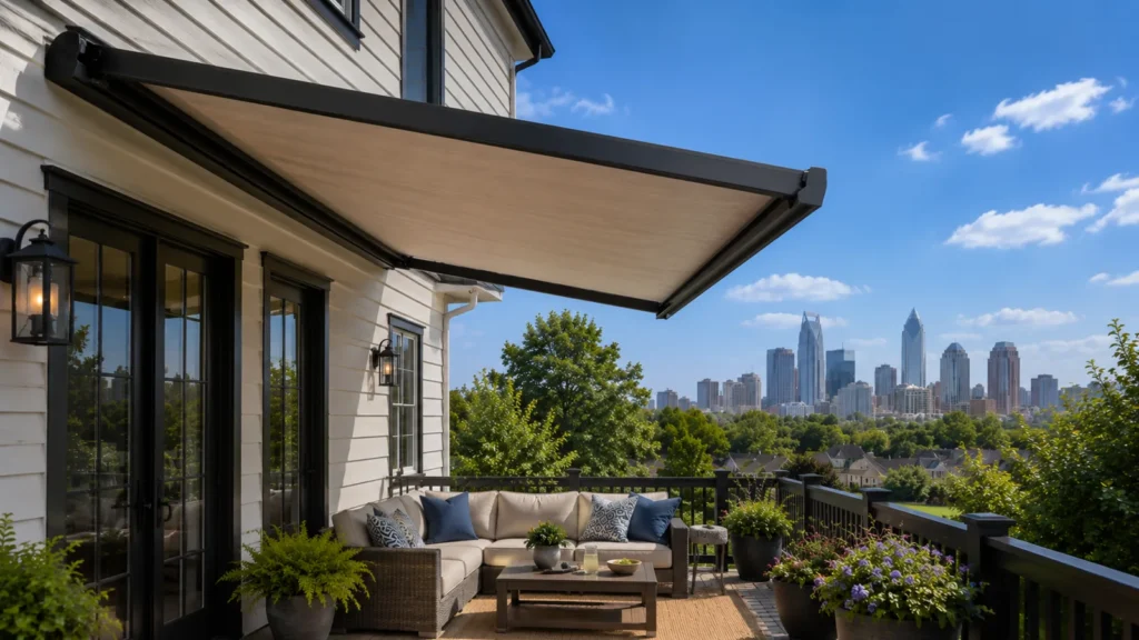 Retractable awning over a patio with a sectional sofa, coffee table, and potted plants, overlooking a city skyline.