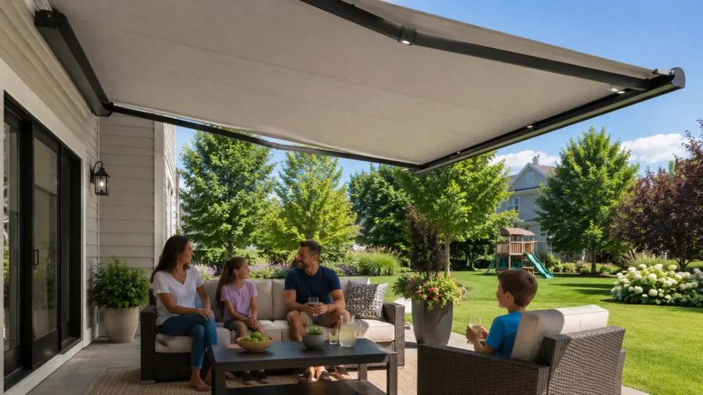 Retractable awning installed over a Charlotte NC patio providing shade for outdoor family use