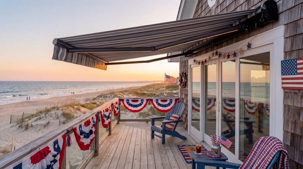 A beach house deck, designed by a SunPro dealer and decorated with American flags and patriotic bunting, overlooks the ocean at sunset. Adirondack chairs invite relaxation as people stroll the sandy dunes and beach below.