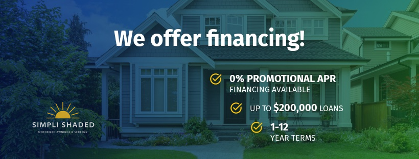 A graphic ad showing a modern house with text: We offer financing! 0% promotional APR, up to $200,000 loans, 1-12 year terms. Simpli Shaded logo appears at the bottom left.