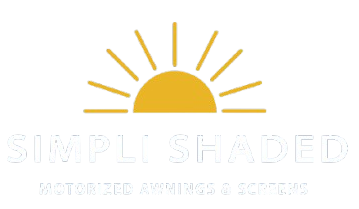 A yellow sun with rays above the words SIMPLI SHADED and the tagline MOTORIZED AWNINGS & SCREENS on a light background.