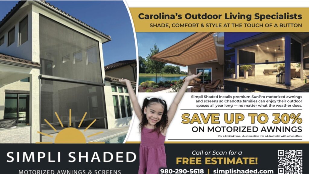 A girl smiles and raises her arms in front of motorized awnings. Text promotes Simpli Shaded’s outdoor awning and screen services as your trusted SunPro dealer, offering up to 30% savings with contact info and a free estimate QR code.