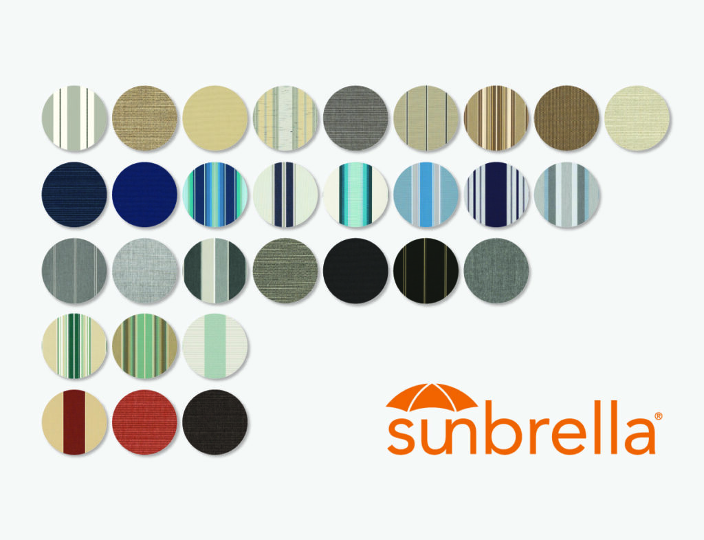 Twenty-four fabric swatches with various striped and solid colors are arranged in rows above the orange “sunbrella” logo and an umbrella icon on a white background, highlighting the premium selection available through your trusted Sunpro dealer.