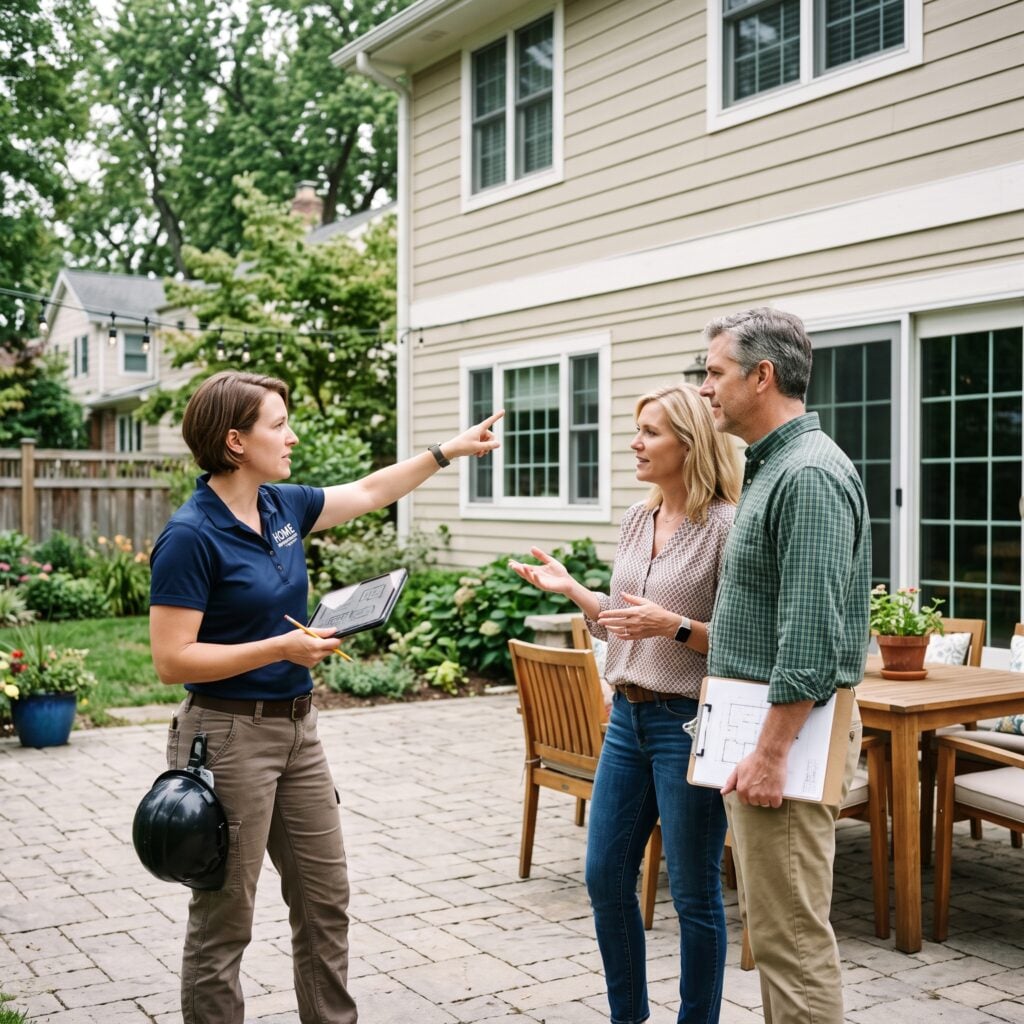 A sunpro dealer in a polo shirt talks to a couple in their backyard, pointing toward the house. they are talking about motorized awnings The couple listens attentively and holds papers. Outdoor furniture and plants are visible.