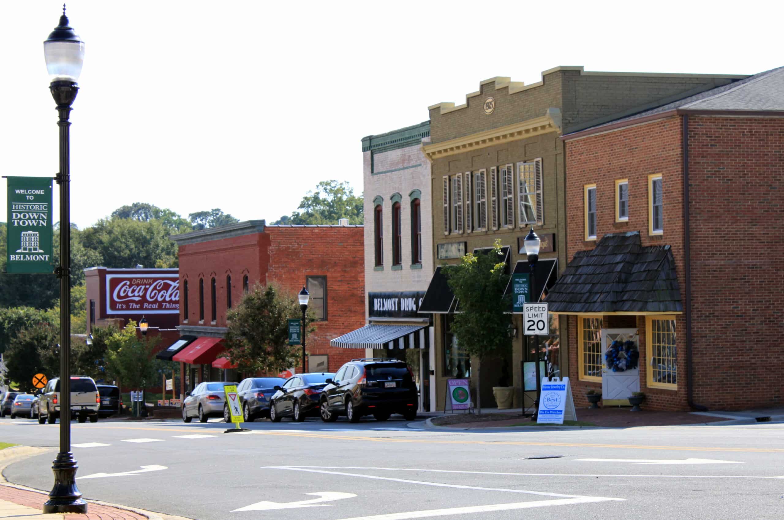 Belmont-Historic downtown Belmont, North Carolina, showing storefronts along Main Street.